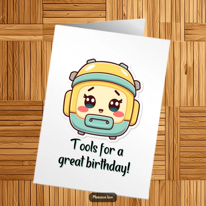 Funny Free Printable Birthday Card: A mini toolbox character with wide eyes and an open mouth, expressing comical surprise and shock.