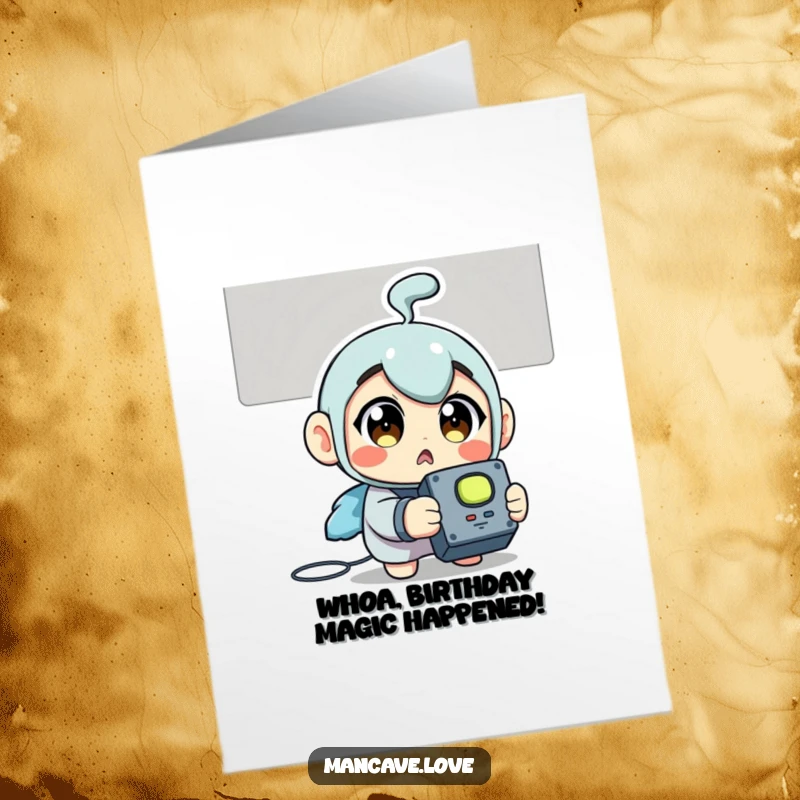 Funny Free Printable Birthday Card: Surprised character wide-eyed, clutching a remote control.