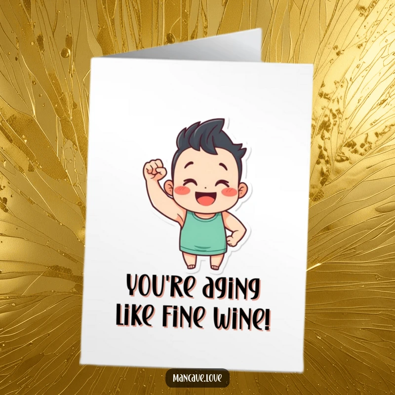 Funny Free Printable Birthday Card: A smiling character happily flexes a tiny bicep, showing off their birthday power. Downloadable and cute.