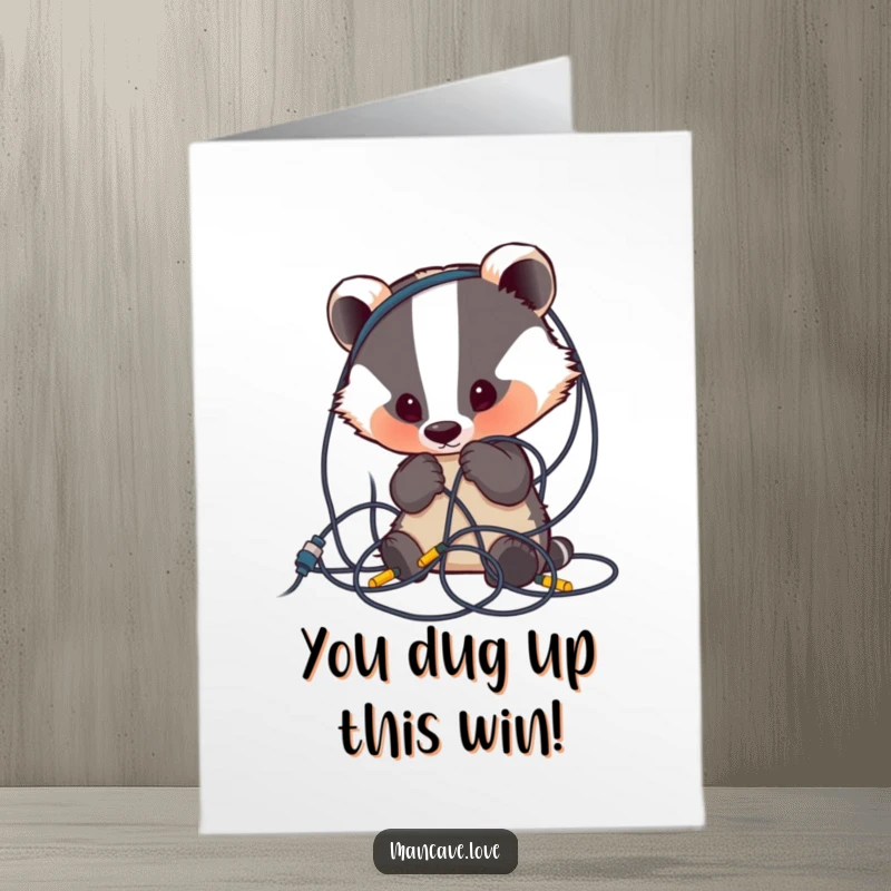 Funny free printable congratulations card: a cute badger character thoughtfully examines a chaotic mess of wires.