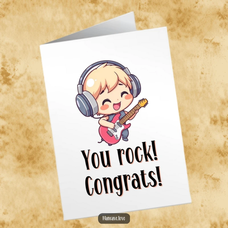 Funny Free Printable Congrats Card: Air guitar champion character celebrating a win with a huge smile.