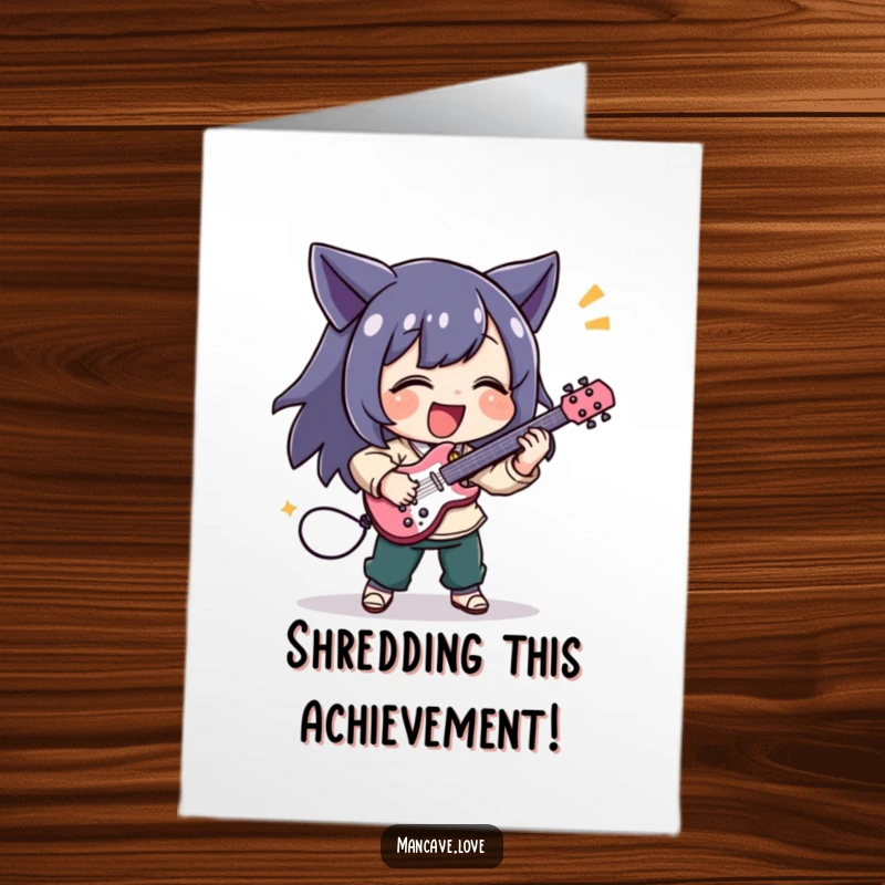 Funny Free Printable Congratulations Card of a character joyfully playing air guitar, celebrating a triumphant moment.