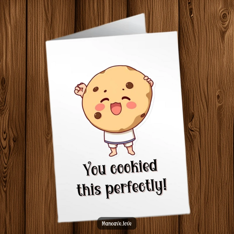 Funny Free Printable Congratulations Card showing a character proudly holding a giant cookie, celebrating a delicious victory.