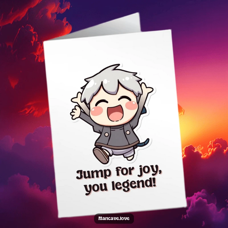 Funny Free Printable Congratulations Card: Energetic character mid-jump, celebrating a huge success with boundless enthusiasm.