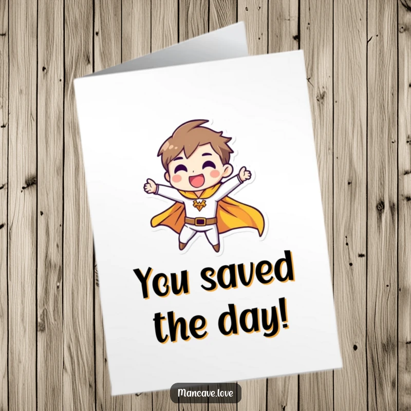 Funny Free Printable Congratulations Card: A character strikes a heroic pose, cape flowing, celebrating a major win. Instant downloadable art.