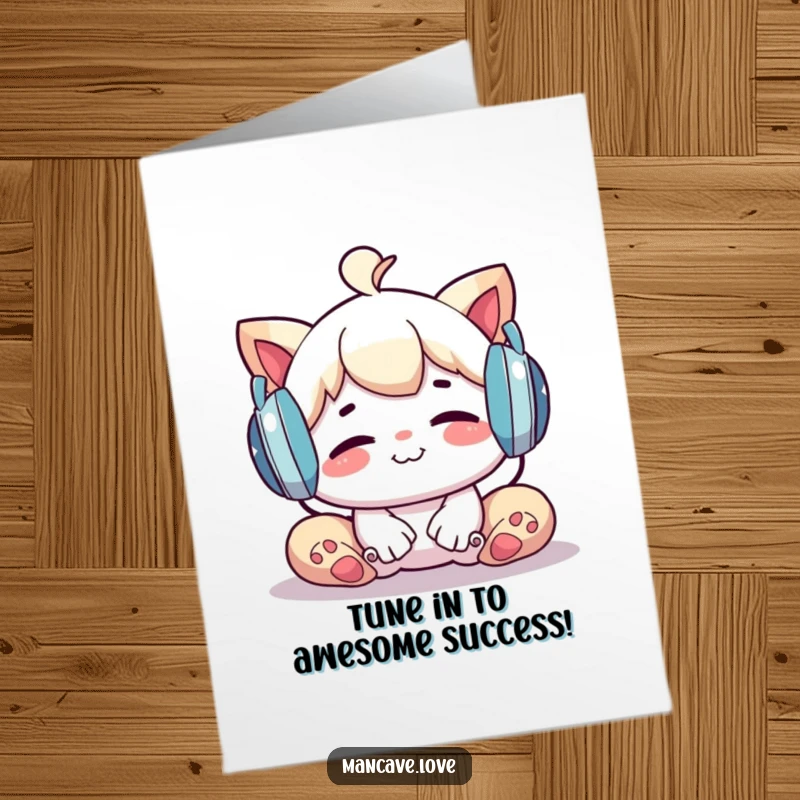 Funny Free Printable Congratulations Card: A happy character wearing large headphones, grinning as they relax to music.
