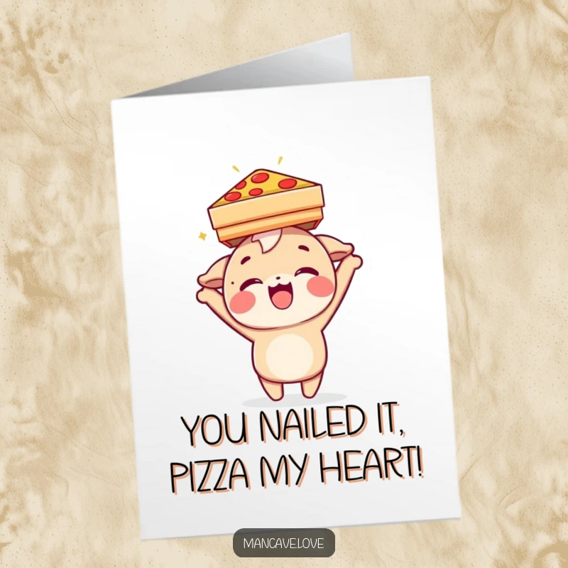 Funny Free Printable Congrats Card: Character joyfully balancing a pizza box on its head, celebrating.