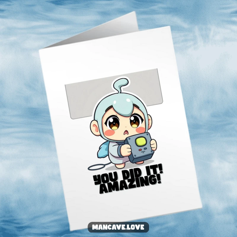 Funny Free Printable Congrats Card: Character looking surprised, remote in hand, reacting to news.