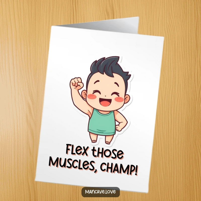Funny Free Printable Congratulations Card: A joyful character flexes a proud tiny bicep, celebrating victory. Instant downloadable art.