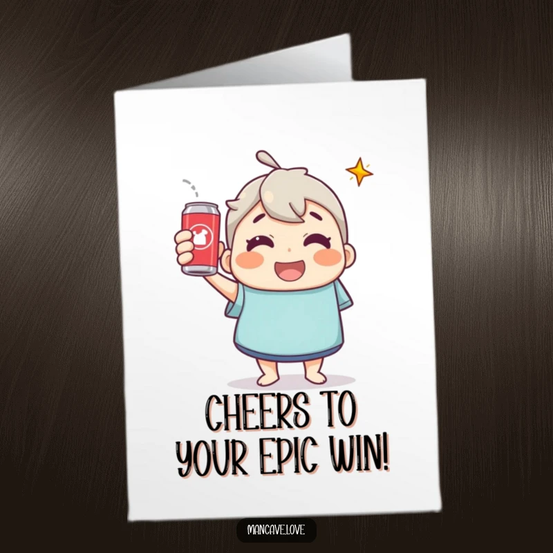 Funny Free Printable Congrats Card: Character triumphantly toasting with a soda can, beaming.