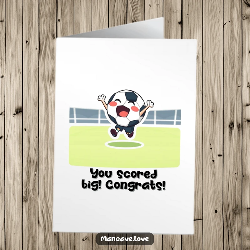 Funny Free Printable Football Congratulations Card featuring a joyful character gleefully bouncing with a football, symbolizing a great achievement.