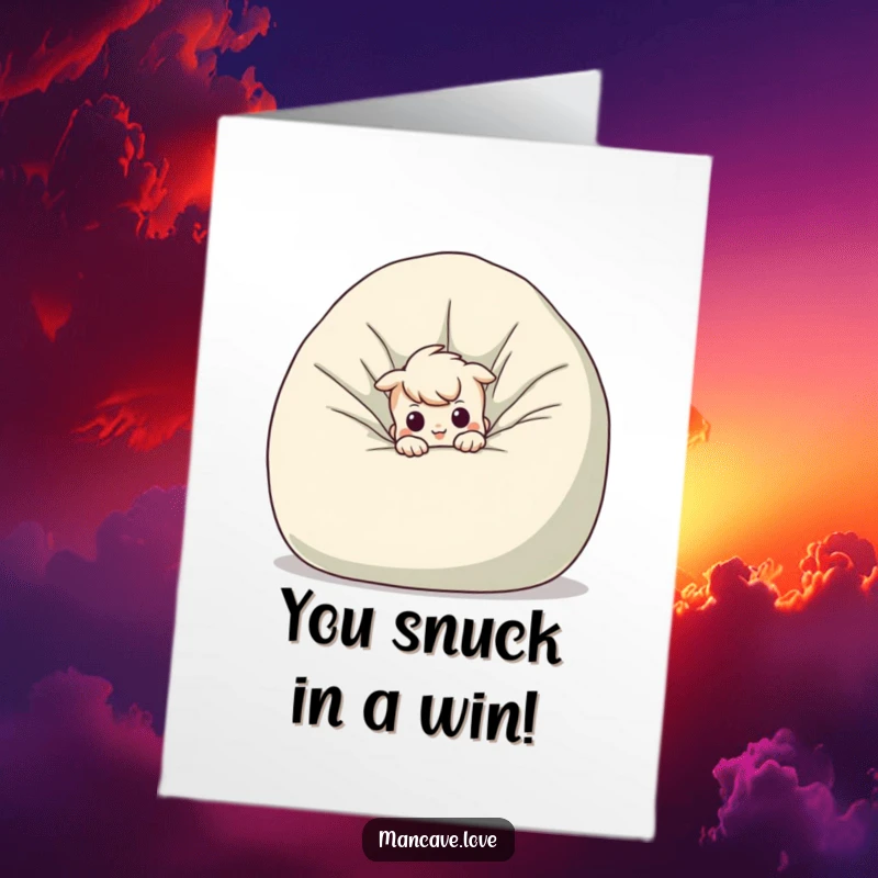 Funny Free Printable Congratulations Card: A mischievous character peeking out playfully from behind an oversized beanbag chair.