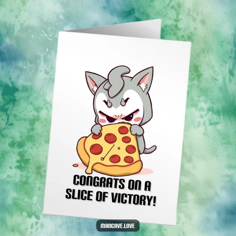 Funny Free Printable Congratulations Card: A mischievous character stealthily grabs a giant slice of pizza, celebrating a tasty success.