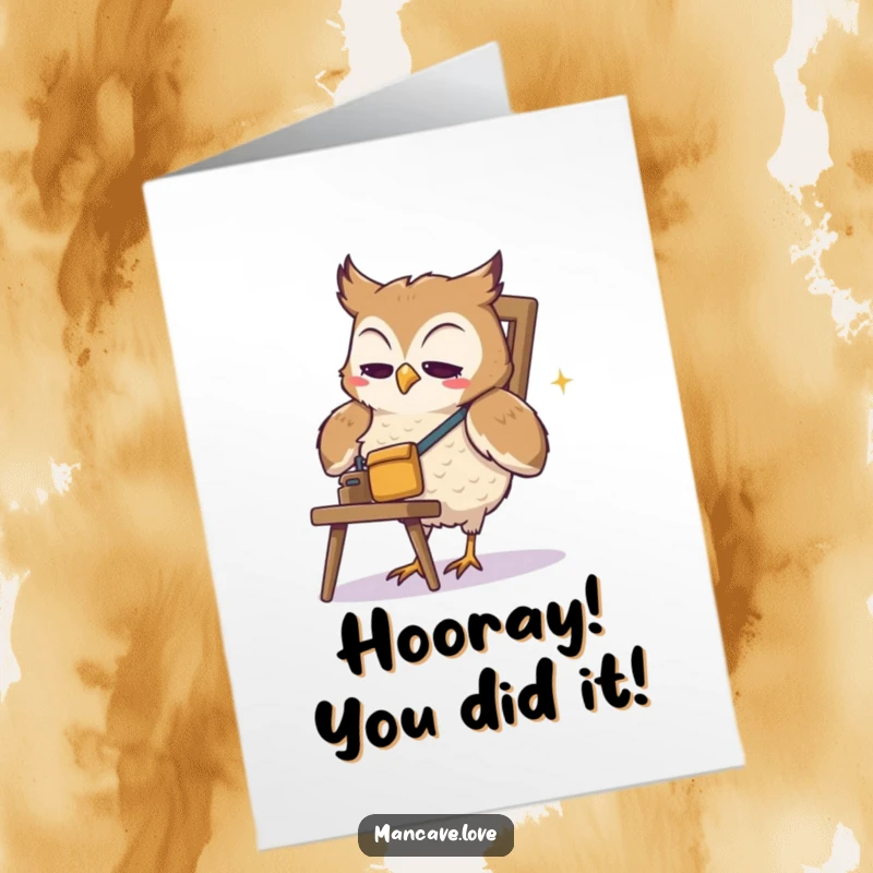 Funny free printable congratulations card: a determined owl in a tool belt faces a wobbly chair.