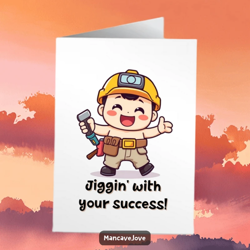 Funny Free Printable Congrats Card: A toolbelt character performing a happy jig, celebrating success with energetic and humorous dance.