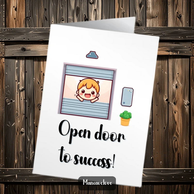 Funny Free Printable Congrats Card: A miniature garage door character opening cheerfully, symbolizing new opportunities and happy milestones.