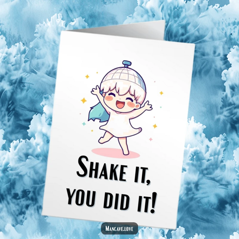 Funny Free Printable Congratulations Card: A character busts a move under a spinning disco ball, celebrating a win. Instant downloadable art.