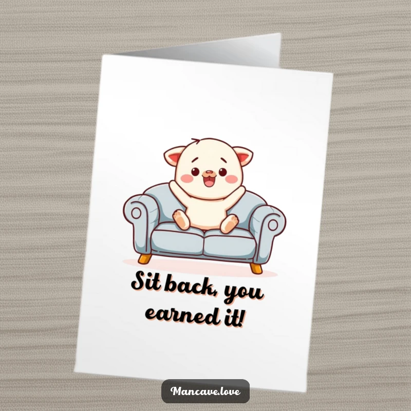 Funny Free Printable Sofa Congratulations Card featuring a contented character on a sofa, offering a warm and cozy congratulatory embrace.