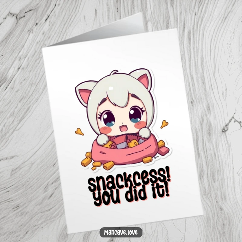 Funny Free Printable Congratulations Card: Wide-eyed character discovers a hidden stash of snacks, a delightful surprise.