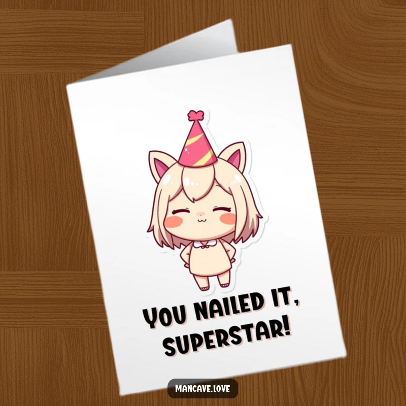 Funny Free Printable Congratulations Card of a character winking confidently in a party hat, celebrating success with flair.