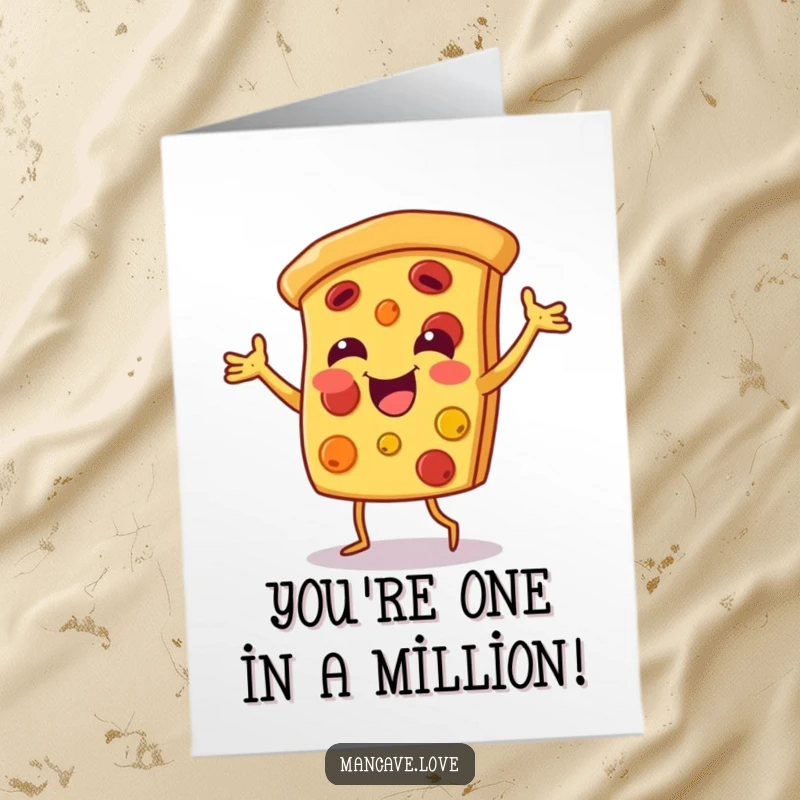 Funny Free Printable Pizza Congratulations Card featuring a smiling pizza slice character grooving to celebrate great news, full of cheesy delight.