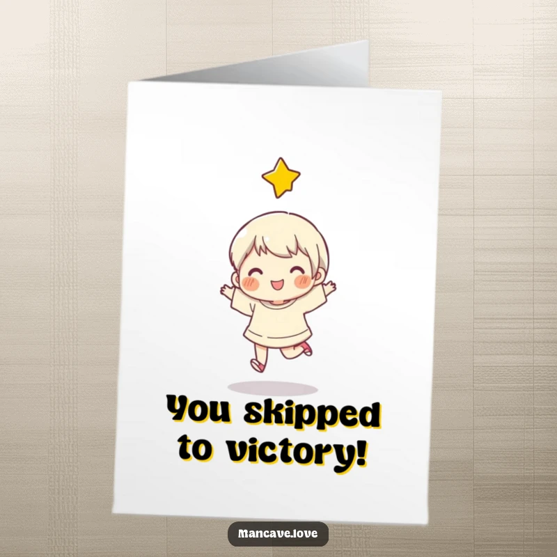 Funny Free Printable congratulations card with a character doing a happy skip under a star, perfect for celebrating achievements.