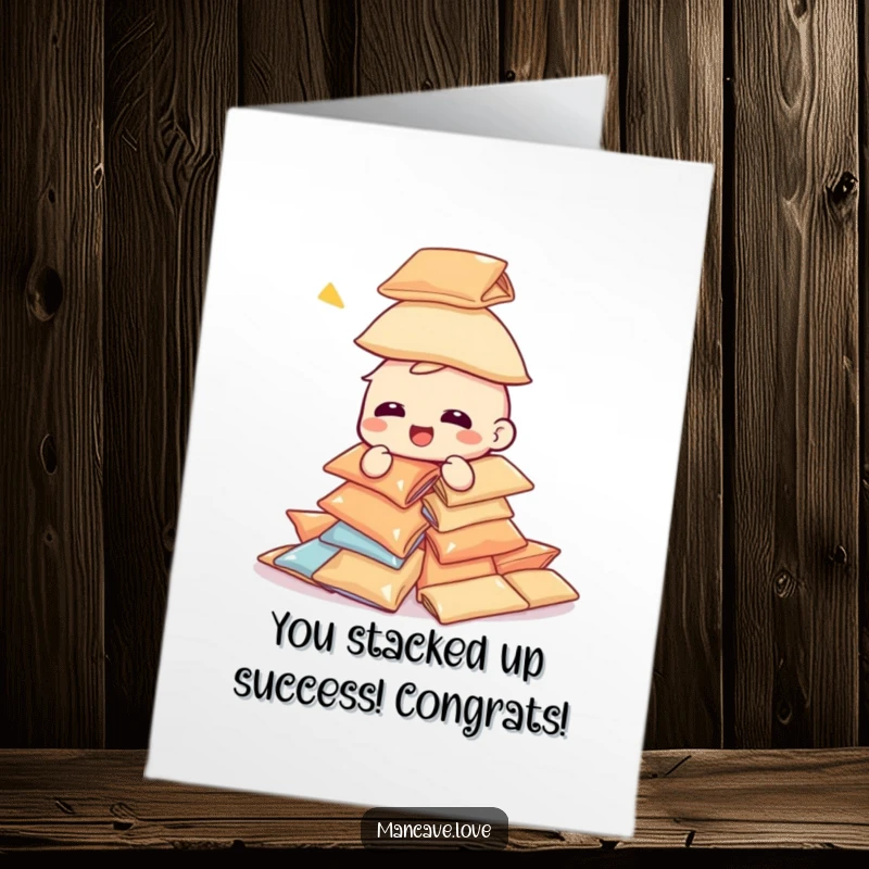 Funny Free Printable Congratulations Card: A joyful character laughing while attempting to build a wobbly tower of snack bags.