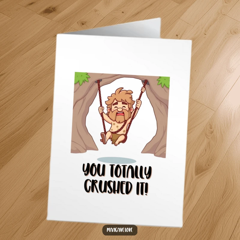 Funny free printable caveman card, a prehistoric character swinging a club in celebration of congratulations.