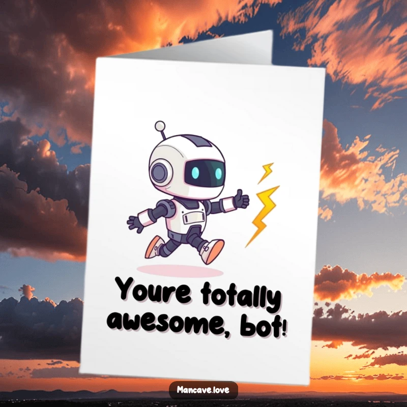 Funny free printable congratulations card: a small robot is in hot pursuit of a rolling bolt.