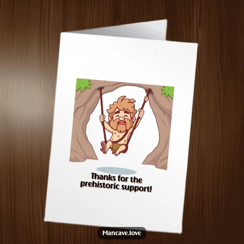 Funny free printable caveman card, a prehistoric character swinging a club to express thanks.