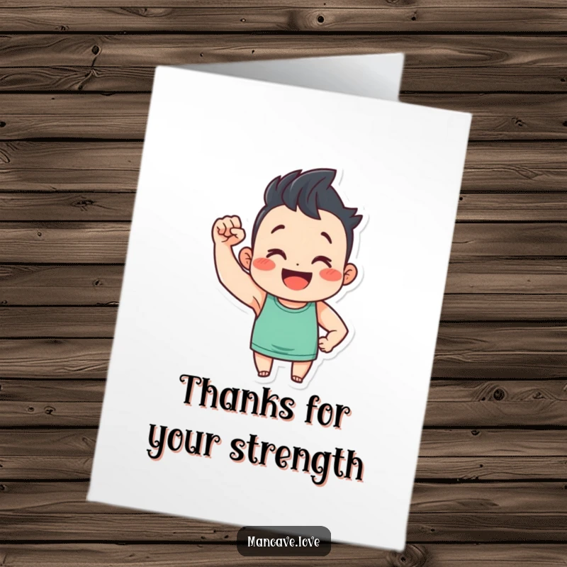 Funny Free Printable Thank You Card: A smiling character flexes a strong tiny bicep, conveying thanks. Downloadable and unique.