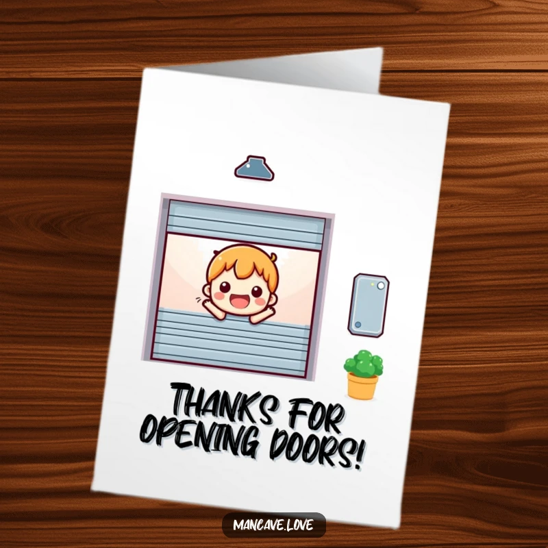 Funny Free Printable Thank You Card: A miniature garage door character opening cheerfully, conveying thanks with a welcoming and friendly vibe.