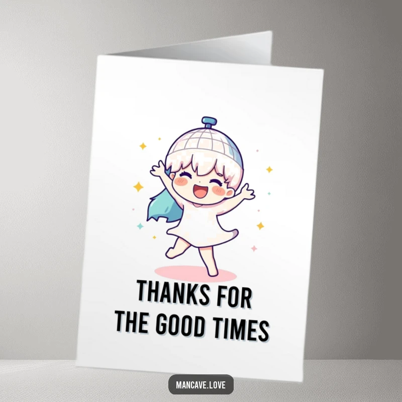 Funny Free Printable Thank You Card: A character dances under a spinning disco ball, sending thanks. Downloadable and unique.