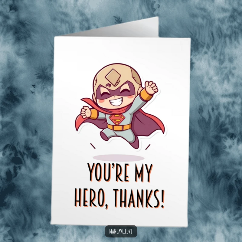 Funny Free Printable Thank You Card of a character in a dramatic superhero landing with a grin, perfect for thanks.