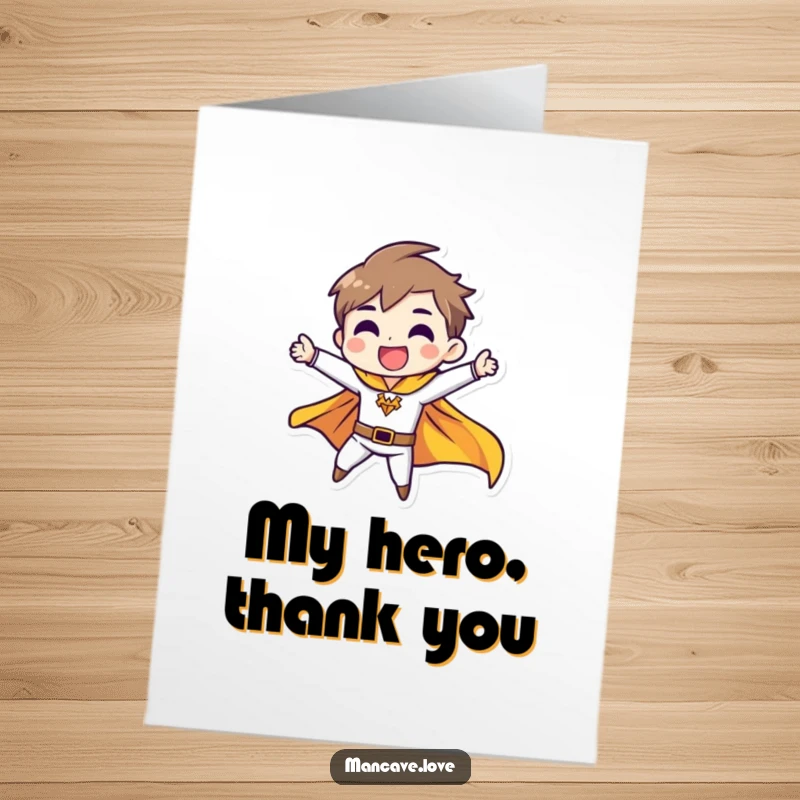 Funny Free Printable Thank You Card: A character strikes a heroic pose, cape fluttering heroically, saying thanks. Downloadable and unique.