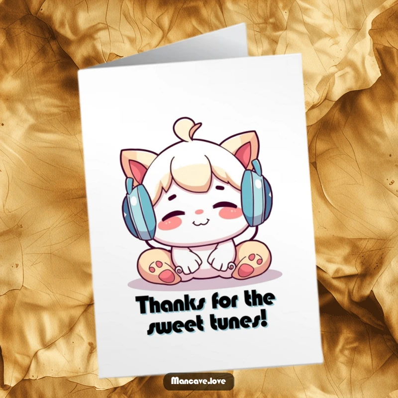 Funny Free Printable Thank You Card: A character with oversized headphones on is smiling and fully immersed in their music.