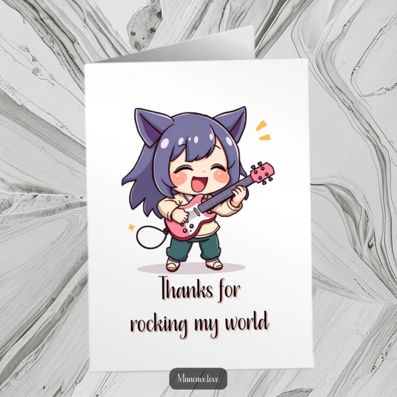 Funny Free Printable Thank You Card featuring a character playing an air guitar with pure excitement, perfect for thanks.