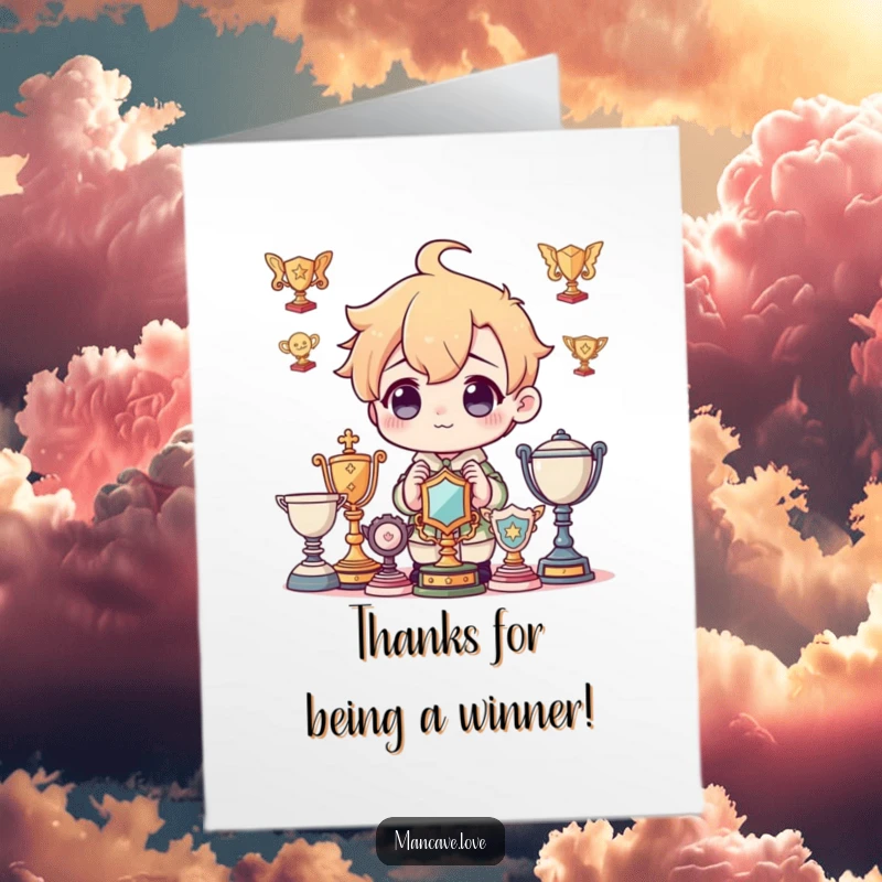 Funny Free Printable Thank You Card: A character is admiring a shelf filled with shiny, imagined trophies they've supposedly won.