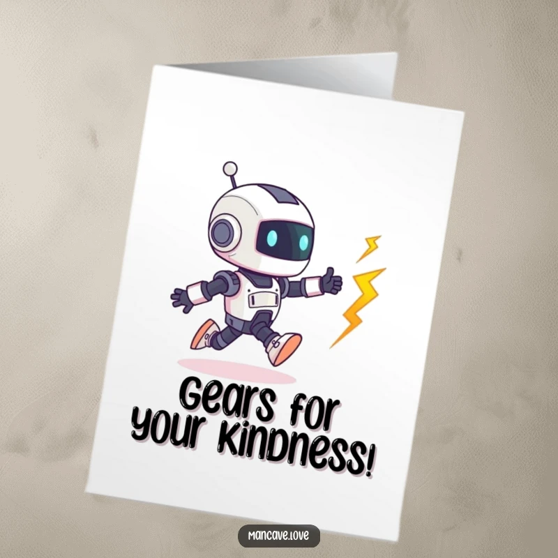 Funny free printable thank you card featuring a tiny robot playfully chasing a runaway bolt.