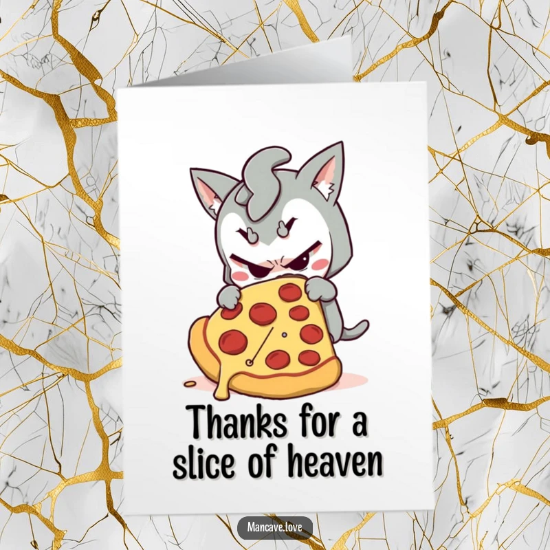 Funny Free Printable Thank You Card: A mischievous character is caught sneaking a giant pizza slice, a funny way to say thanks.