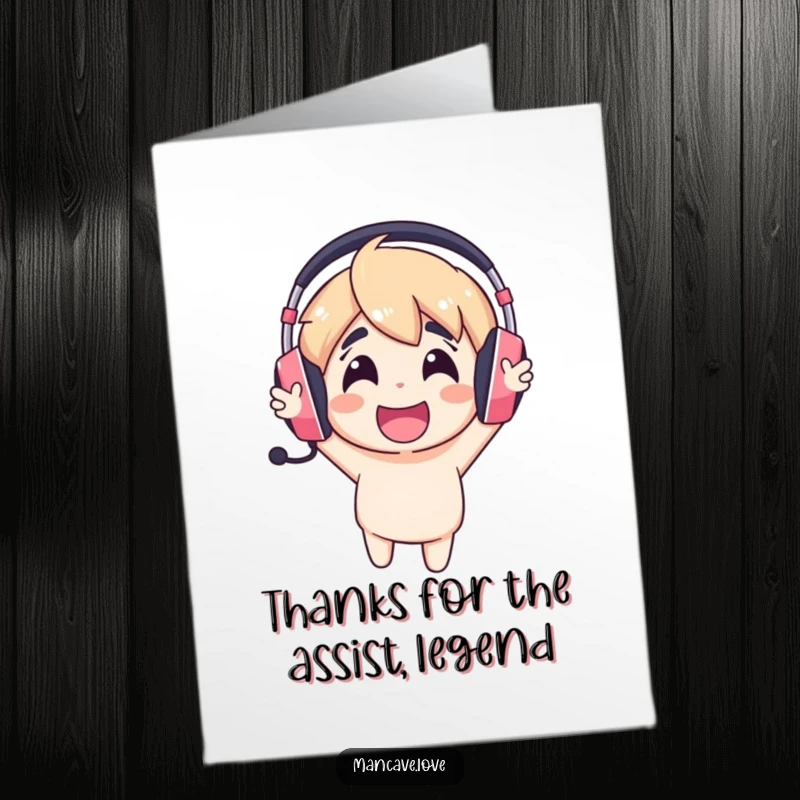 Funny Free Printable Gaming Thank You Card with a cheerful headset character cheering loudly, expressing gratitude to another gamer.