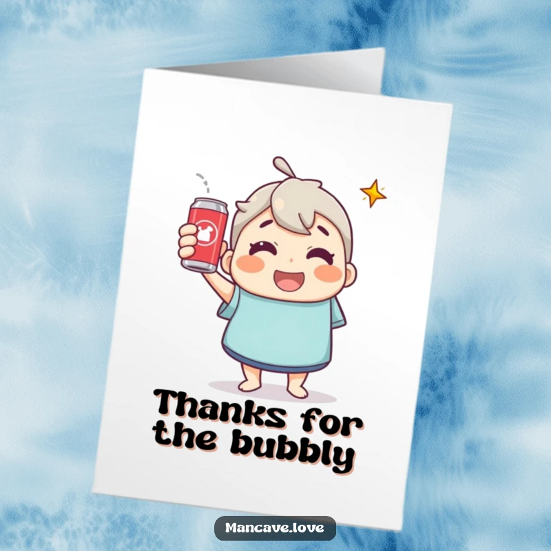 Funny Free Printable Thank You Card: Happy character raising a soda can in a toast of thanks.