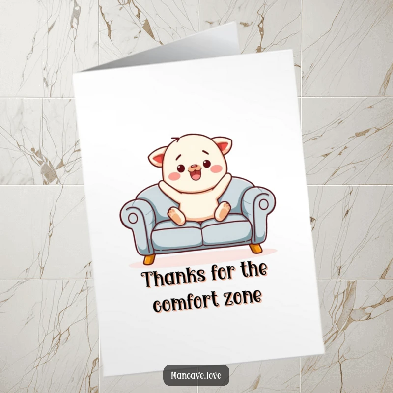 Funny Free Printable Sofa Thank You Card with a contented character inviting relaxation on a comfy sofa, perfect for saying thank you.