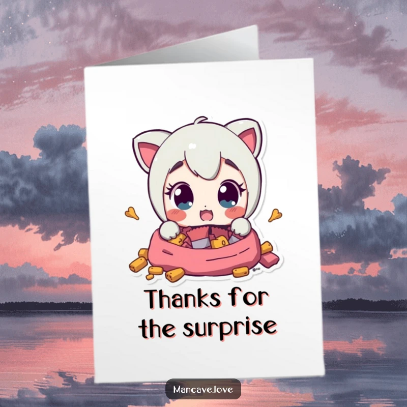 Funny Free Printable Thank You Card: Character's surprised eyes react to discovering a hidden stash of yummy snacks.