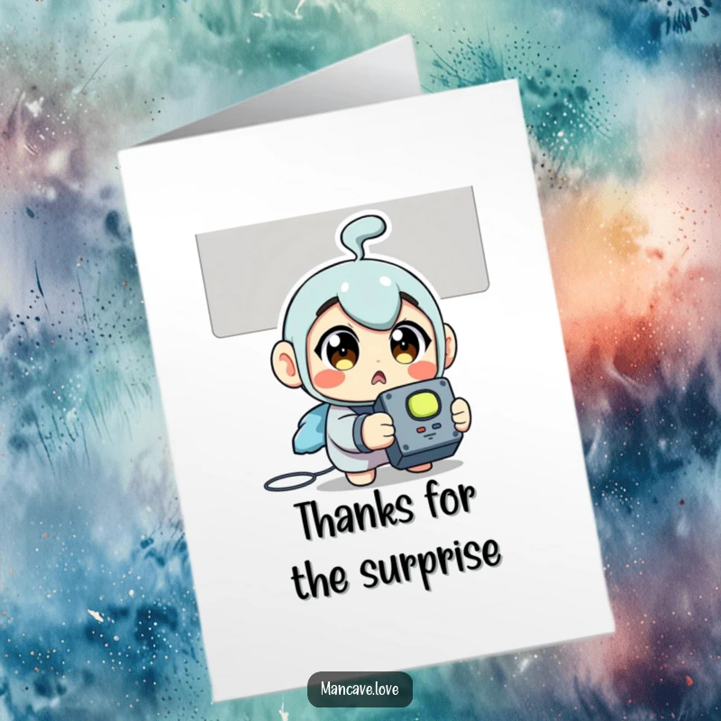 Funny Free Printable Thank You Card: Wide-eyed character holding a remote, showing surprise and gratitude.
