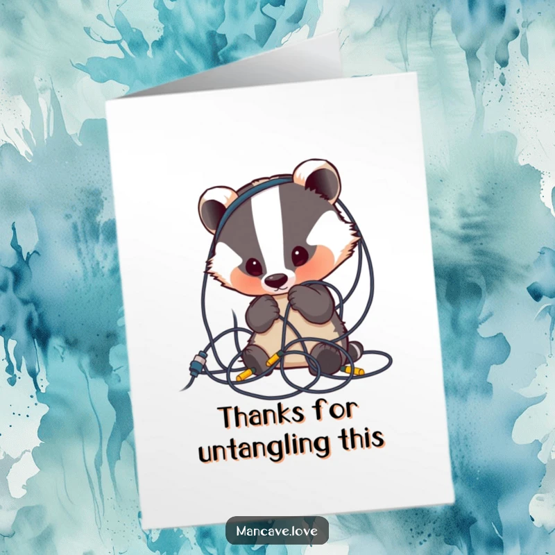 Funny free printable thank you card: a cute badger is perplexed by a huge tangle of wires.