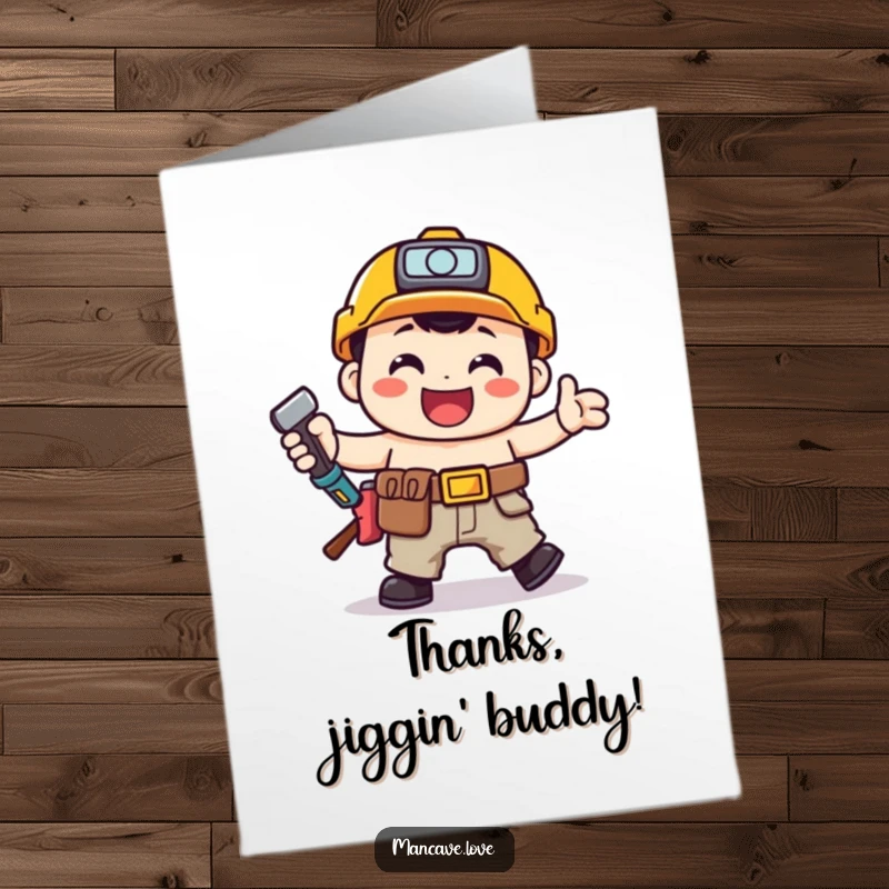 Funny Free Printable Thank You Card: A toolbelt character doing a happy jig, expressing thanks with energetic and humorous dance moves.