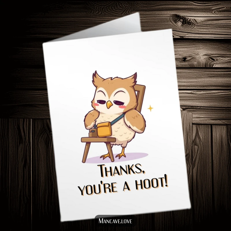 Funny free printable thank you card: a cute owl wearing a tool belt tries to fix a wobbly chair.