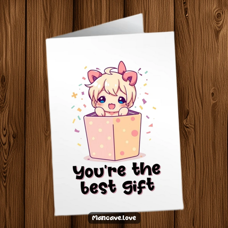 Funny Free Printable Thank You Card: Character bursts from a gift box with confetti, sending thanks. Downloadable and unique.