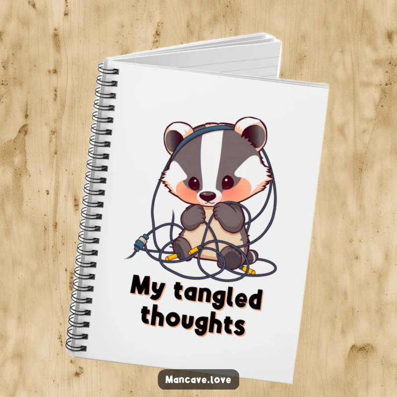 Funny Badger Notebook: A cute badger character curiously examines a tangled mess of wires, perfect for jotting down funny thoughts.